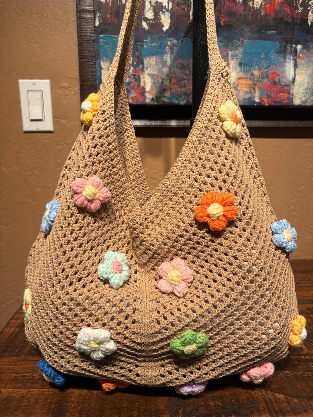 Boho Knit Tan Flower Power Shoulder Bag NWOT